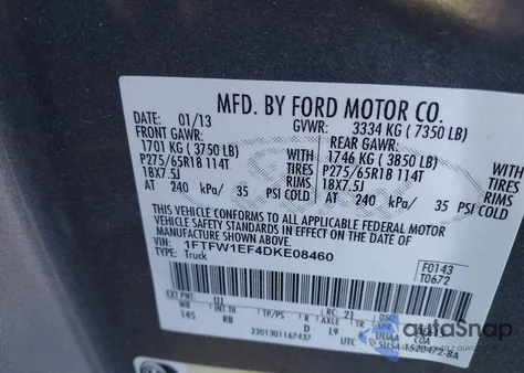 2013 Ford F-150 Fx4 from USA, damaged, VIN 1FTFW1EF4DKE08460